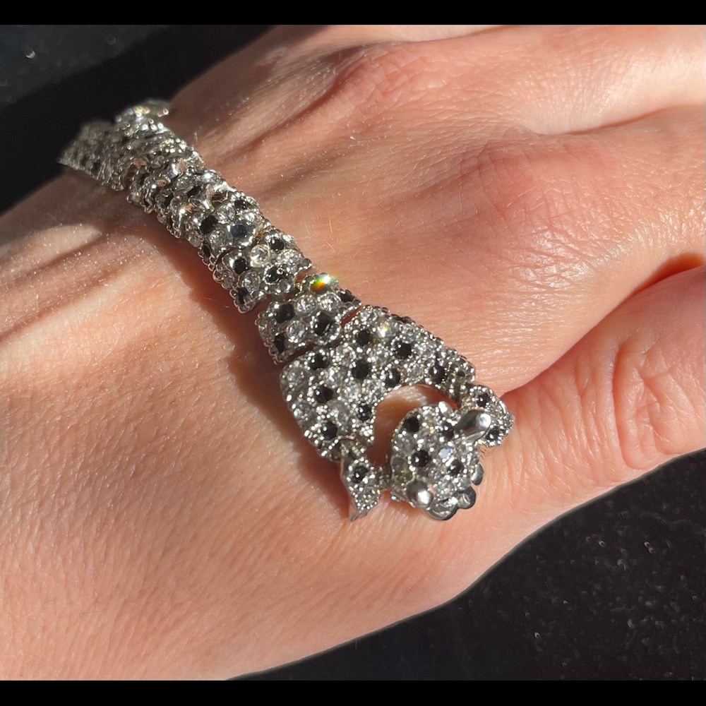 Fabulous tiger bracelet silver toned black crystals and green eyes